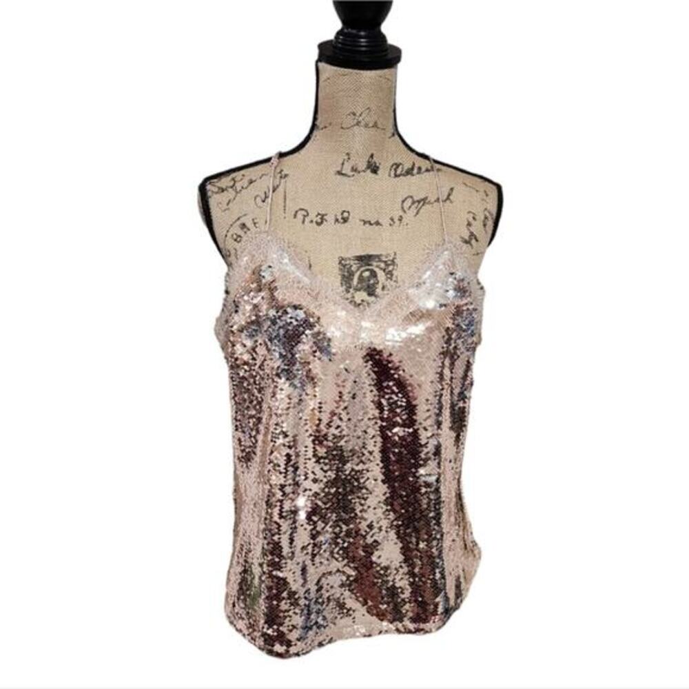 Nine West Rose Gold Sequin Reversible Razorback Party Camisole Sheath Size Large
